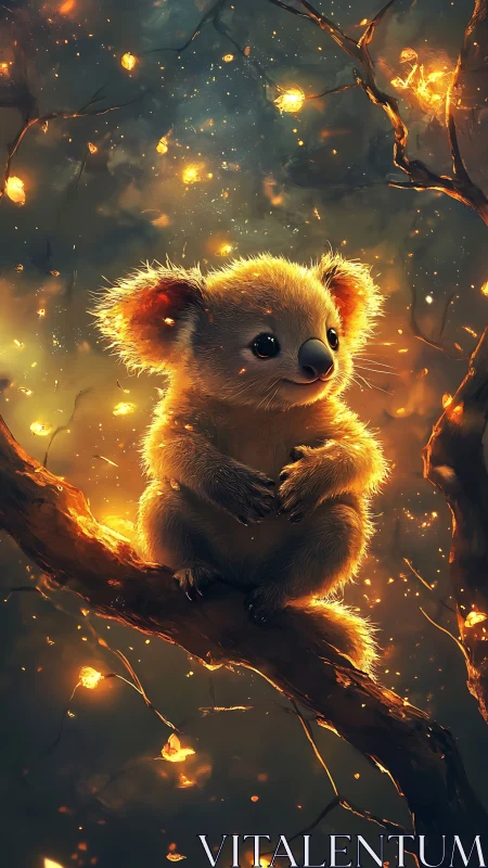 Gentle koala resting on a glowing forest branch at dusk.