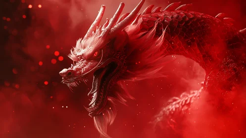Cinematic 3D dragon portrait in red atmospheric haze.
