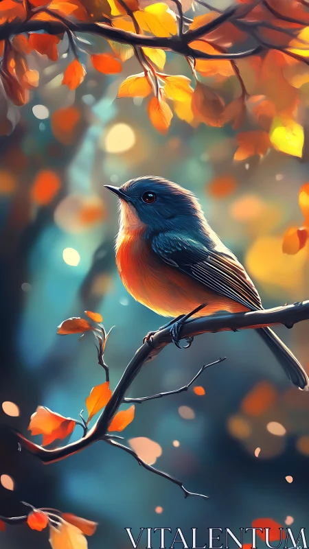 Autumnal songbird on branch in high-saturation digital rendering.