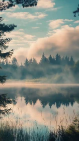 Morning mist quietly sketches twin forests on glassy lake