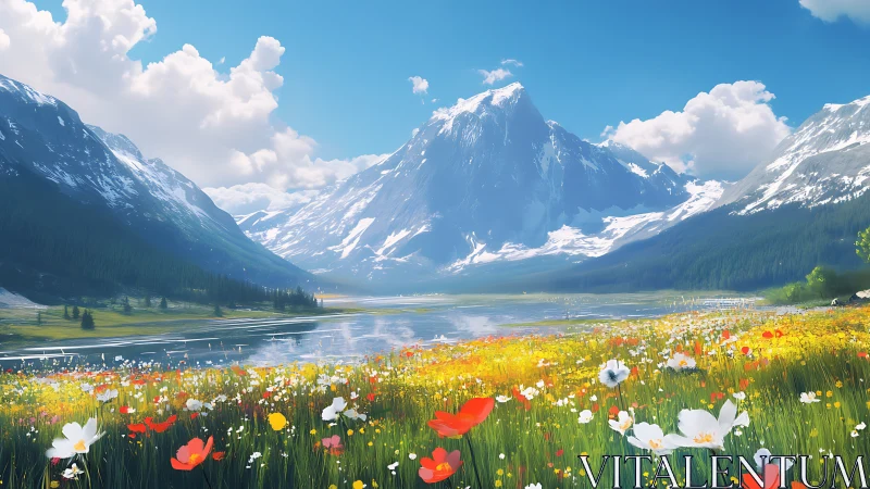 Snow-capped mountains overlook reflective lake and meadow