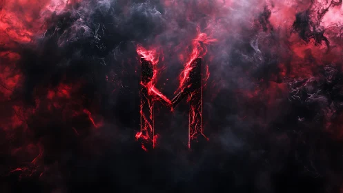 Fiery red letter M emerging from dense dark smoke.
