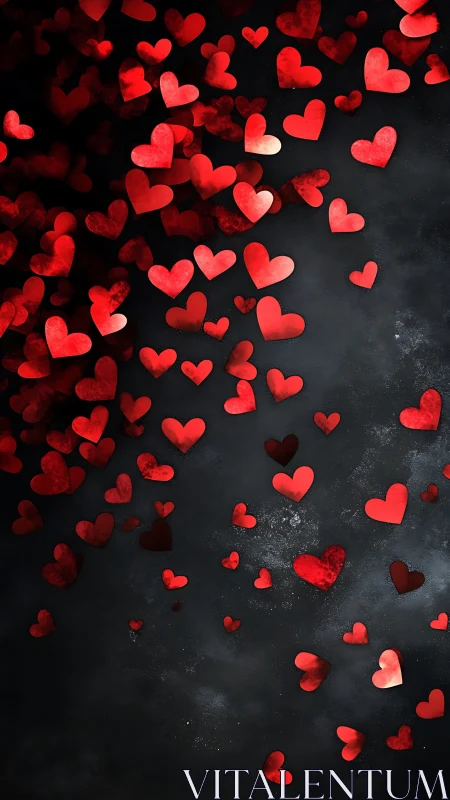 Red hearts cascade across dark textured background with dimensional bokeh