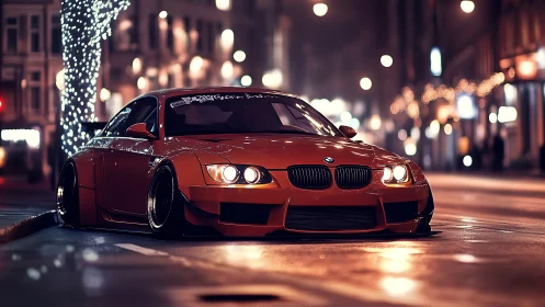 Street-lit orange BMW glows with low-slung nighttime style.