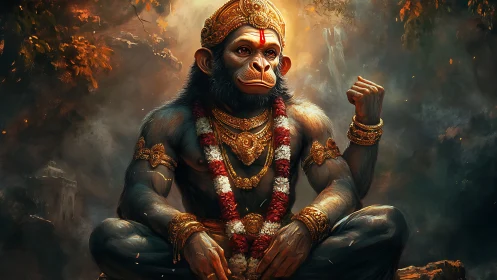 Divine monkey warrior in ornate golden regalia meditation.
