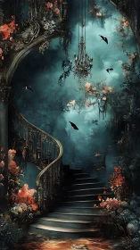 Enchanted spiral staircase ascends through a twilight garden.