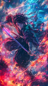 Fiery sky duel with a determined anime swordsman.