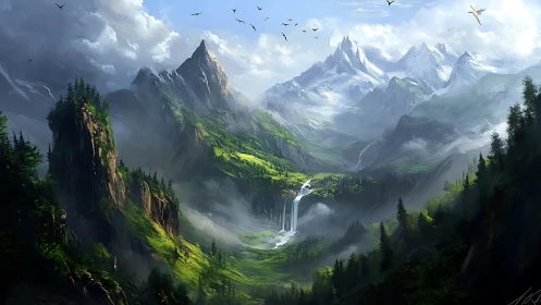 Sweeping mountain valley with waterfalls and misty peaks.