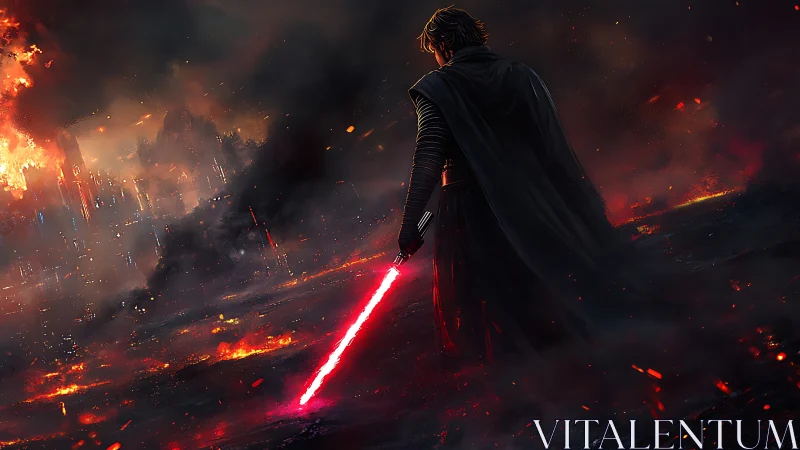 Lone dark warrior with red saber on burning wasteland.