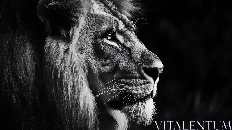 Black and white profile portrait of a focused male lion.