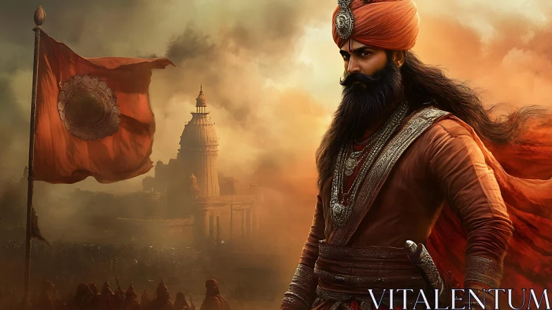 Warrior in orange turban stands before temple in smoky battlefield