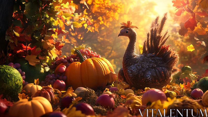 Autumn turkey sculpture rests amid glowing harvest bounty.