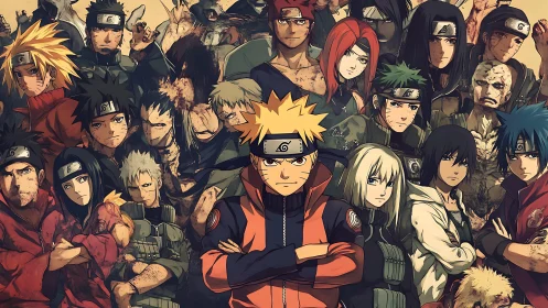 Multicharacter shinobi lineup with layered depth, cel-shaded lighting