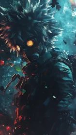 Masked cyber soldier with glowing goggles in teal haze.