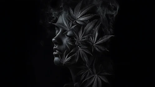 Dark female profile merges with smoking cannabis leaves in void