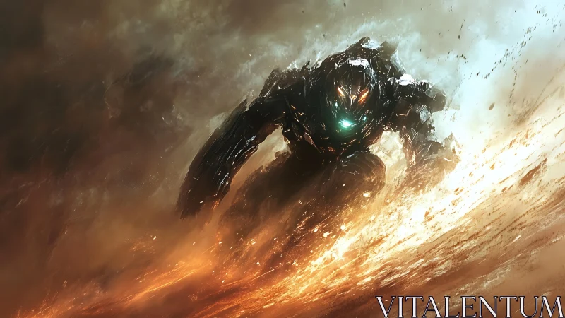 Armored mech charges forward through burning dust storm