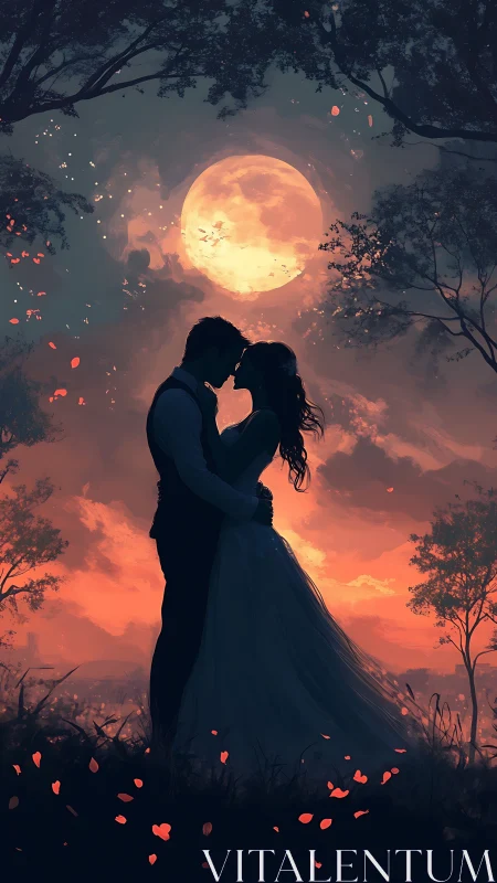 Silhouetted Couple Embracing Against Luminous Harvest Moon
