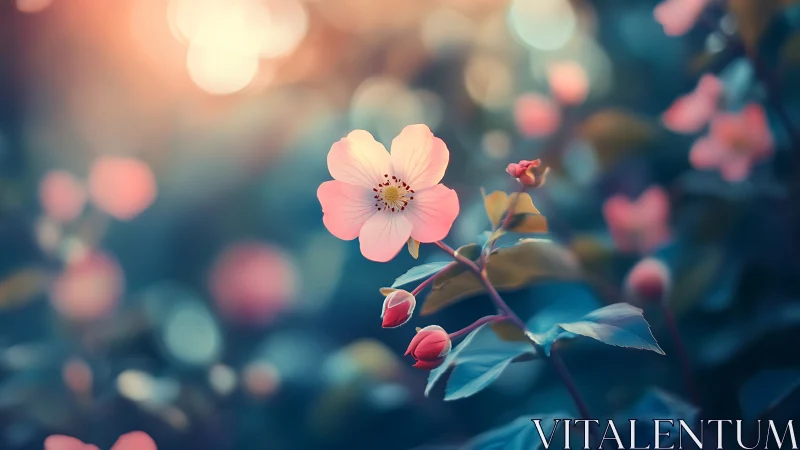 Pink blossom blooms against soft bokeh backdrop with dreamlike focus