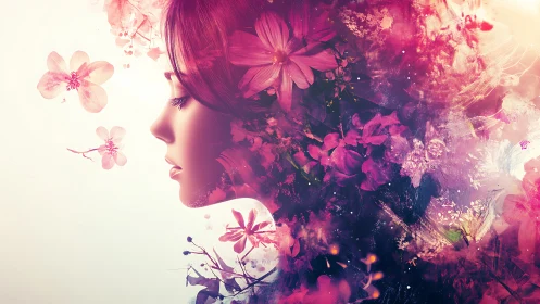 Profile of woman blended with vivid abstract floral textures
