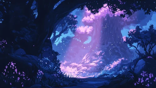 Luminous Forest Glade Bathed in Ethereal Pink and Blue Light.