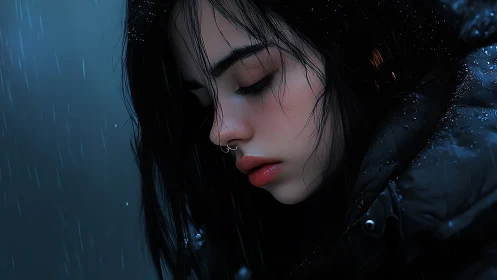 Rain-soaked girl in profile under moody blue light.