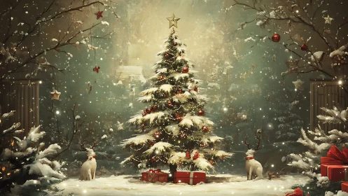 Snowy Christmas tree glowing softly with cozy winter magic.