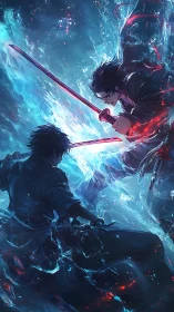 Two sword warriors clash amid a storm of blue and red light