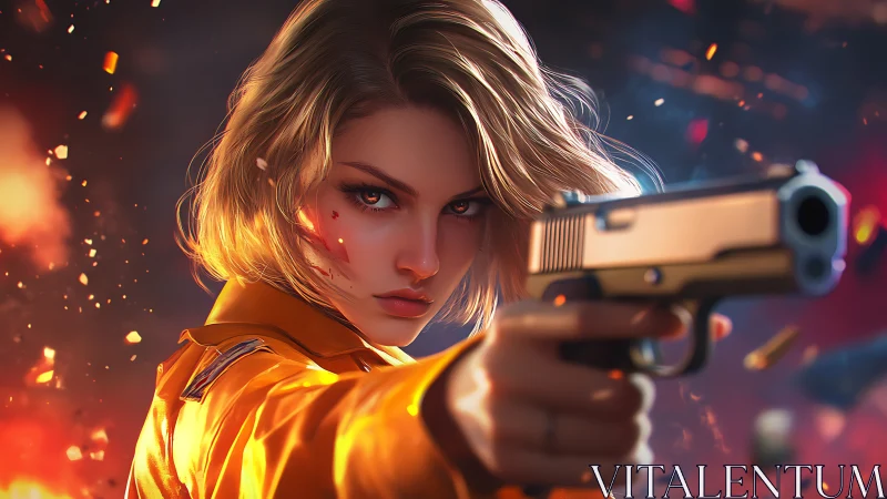 Blonde gunfighter in blazing cinematic showdown portrait.