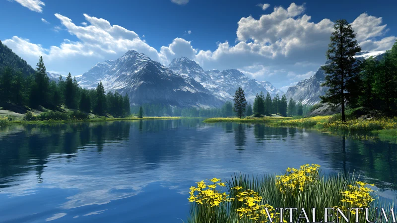 Mountain lake vista with crisp reflections and wildflowers.