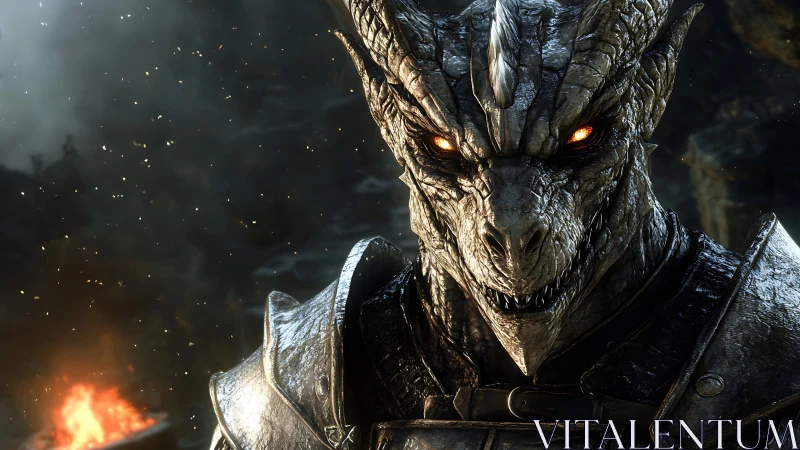 3D-rendered draconic warrior portrait with cinematic armor lighting.