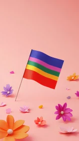 Colorful striped flag and flowers on soft pink background.