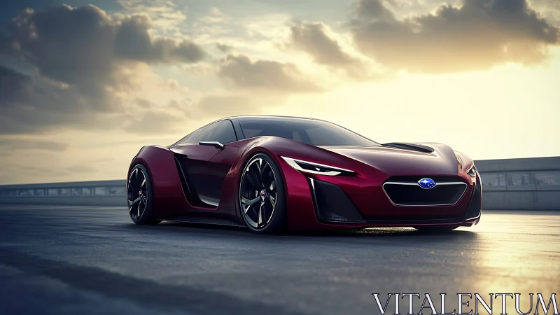 Sunset sprint with a sleek crimson Subaru sports concept.