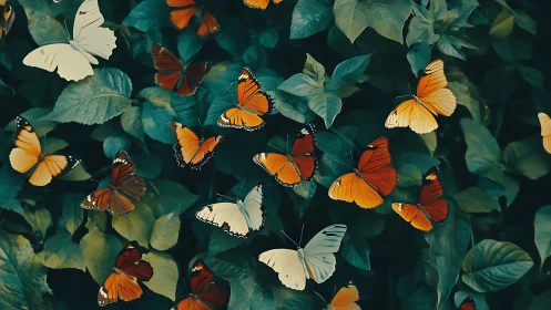 Multicolored butterflies over dense green foliage background.