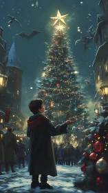 Boy observing illuminated town square Christmas tree at night.