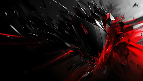Shattered geometric shard erupting in red energy field.