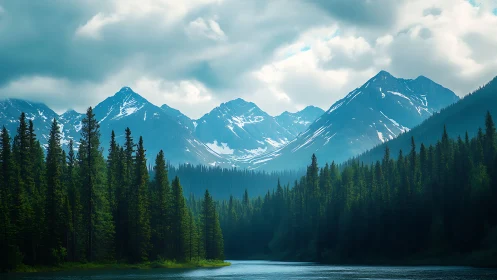 Glacial mountain basin, conifer forest and alpine lake system.