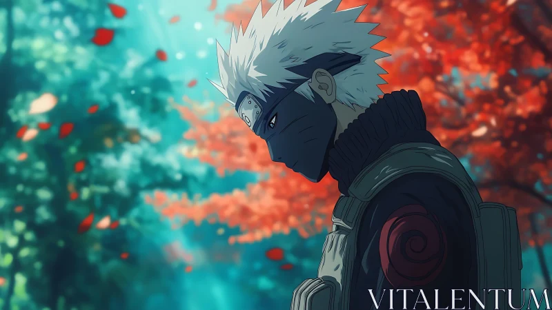 Masked anime warrior walks through glowing autumn forest.