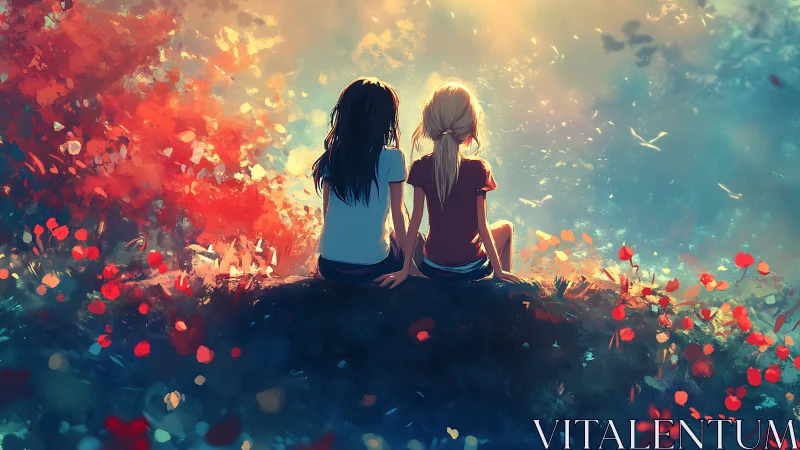 Sunlit friends resting on hill amid vibrant painted meadow.