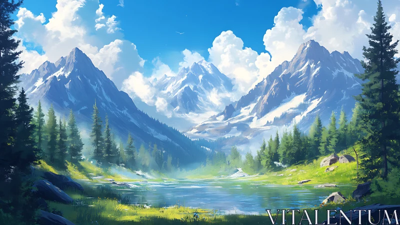 Digital painting of alpine lake valley with sunlit conifers.