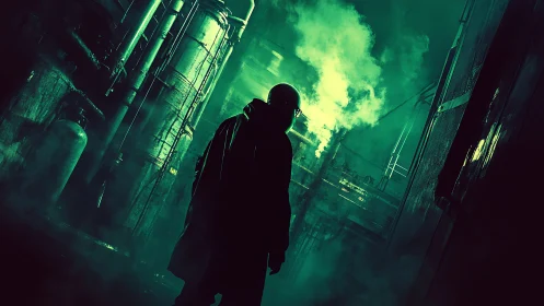 Lone figure in neon-green industrial alley rendered in cyber noir