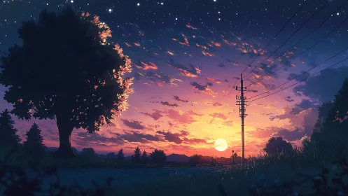 Anime twilight landscape with silhouetted tree and power lines.
