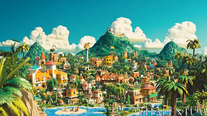 Vibrant low-poly tropical cityscape with stylized terrain rendering