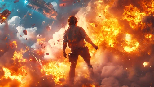 Solitary Figure in Explosive Inferno: Cinematic Action Destruction Scene
