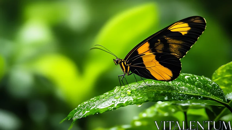 Rain-soaked jungle butterfly pausing on emerald leaf stage.