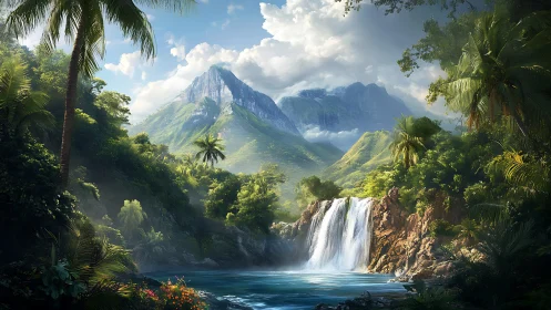 Luminous tropical waterfall vista in layered digital painting.
