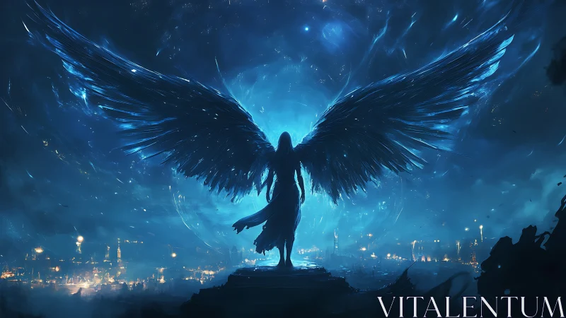 Celestial winged guardian silhouetted in radiant blue storm.