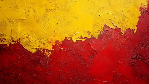 Bold abstract painting with vibrant yellow and red textured layers.