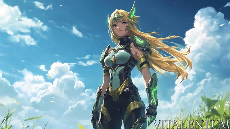 Heroic anime mecha paladin under expansive summer sky.