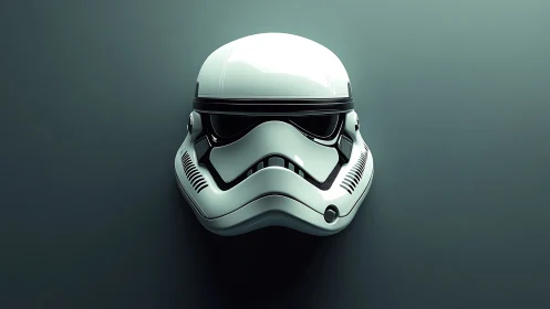 High-gloss sci-fi combat helmet on desaturated teal field