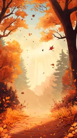 Autumn Forest Pathway: Golden Canopy and Falling Leaves